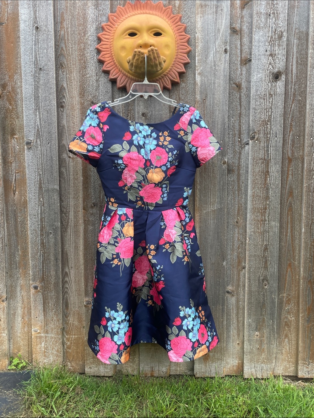 Chi Chi London Navy Floral Fit-and-Flare Dress with Pink & Orange Blooms